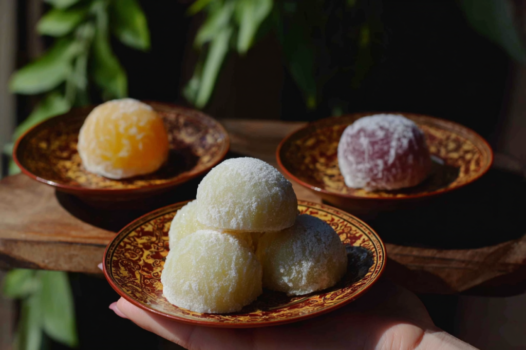 Delicious homemade mochi on a plate with various flavors and fillings