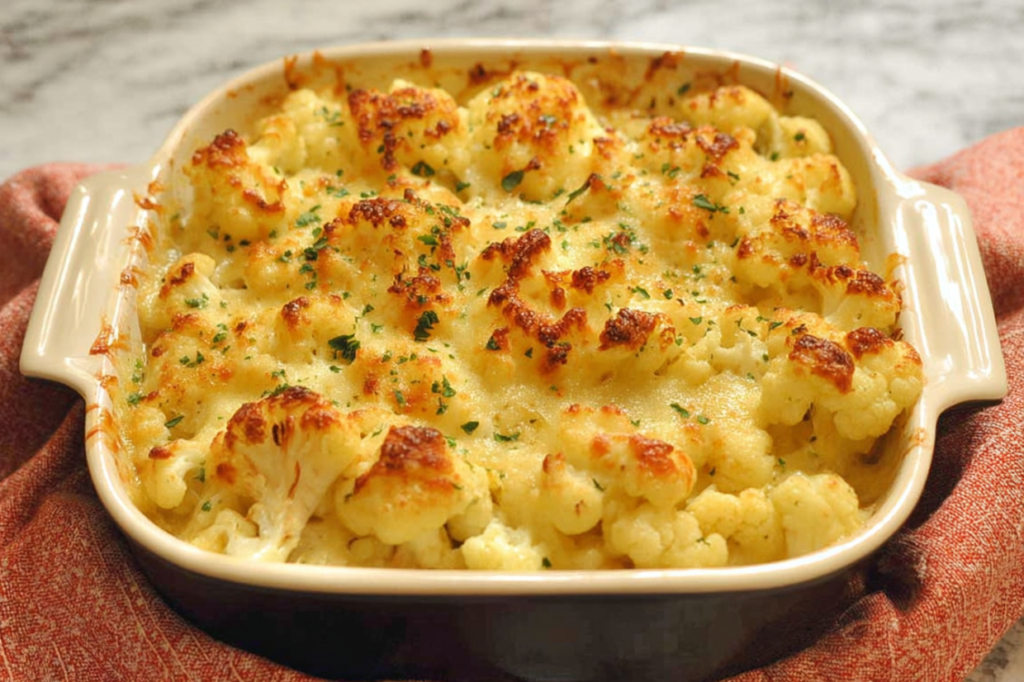 Creamy Pepper Jack Cauliflower Gratin recipe topped with cheese and herbs