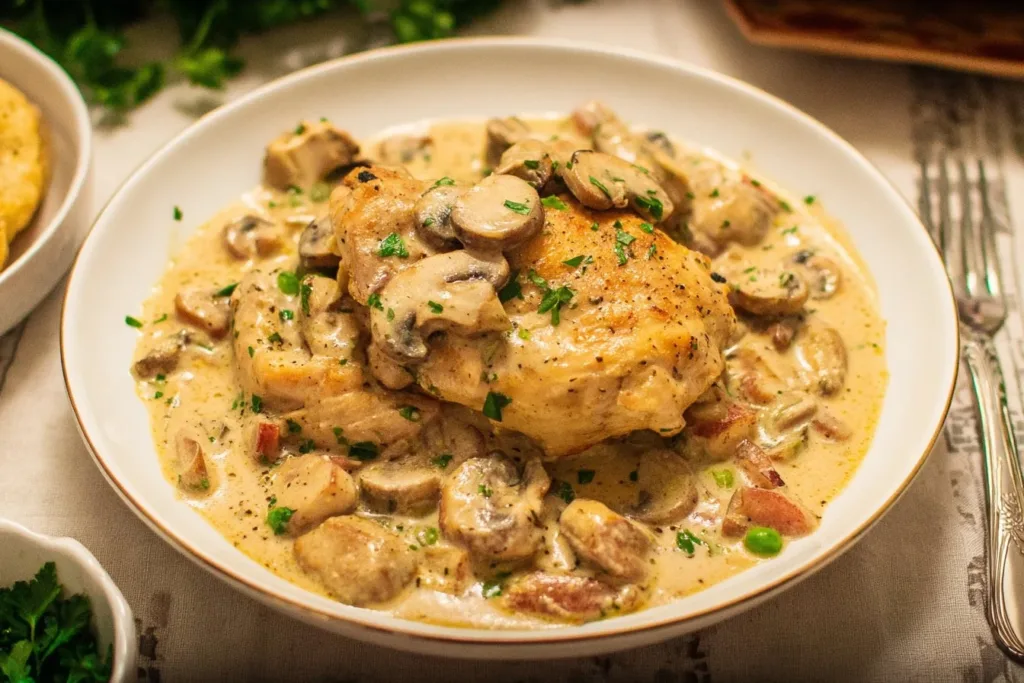 Delicious Chicken à la King served with creamy sauce and vegetables