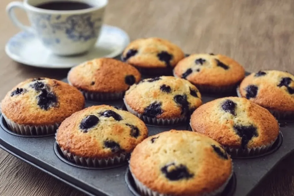 Freshly baked blueberry protein muffins on a wooden table