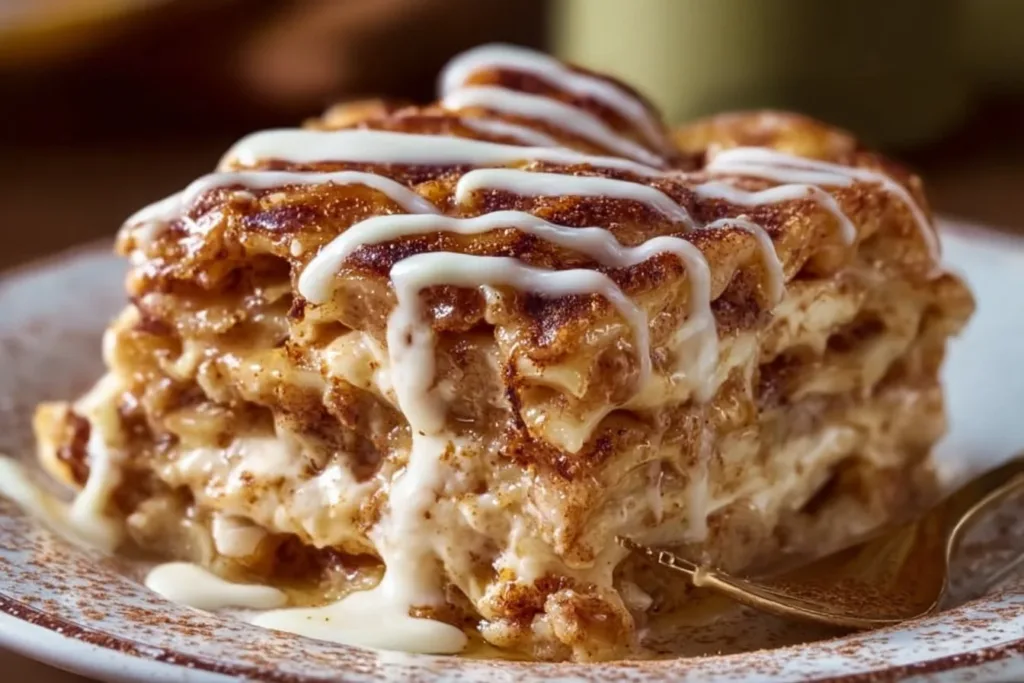 Delicious cinnamon roll apple lasagna layered with sweet cinnamon rolls and apples.