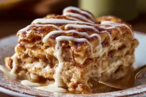 Delicious cinnamon roll apple lasagna layered with sweet cinnamon rolls and apples.