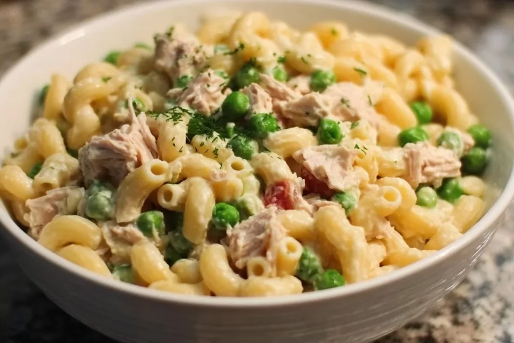 Bowl of classic creamy tuna macaroni salad with vegetables and dressing