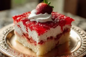 Delicious classic strawberry Jell-O poke cake with fresh strawberries and whipped cream