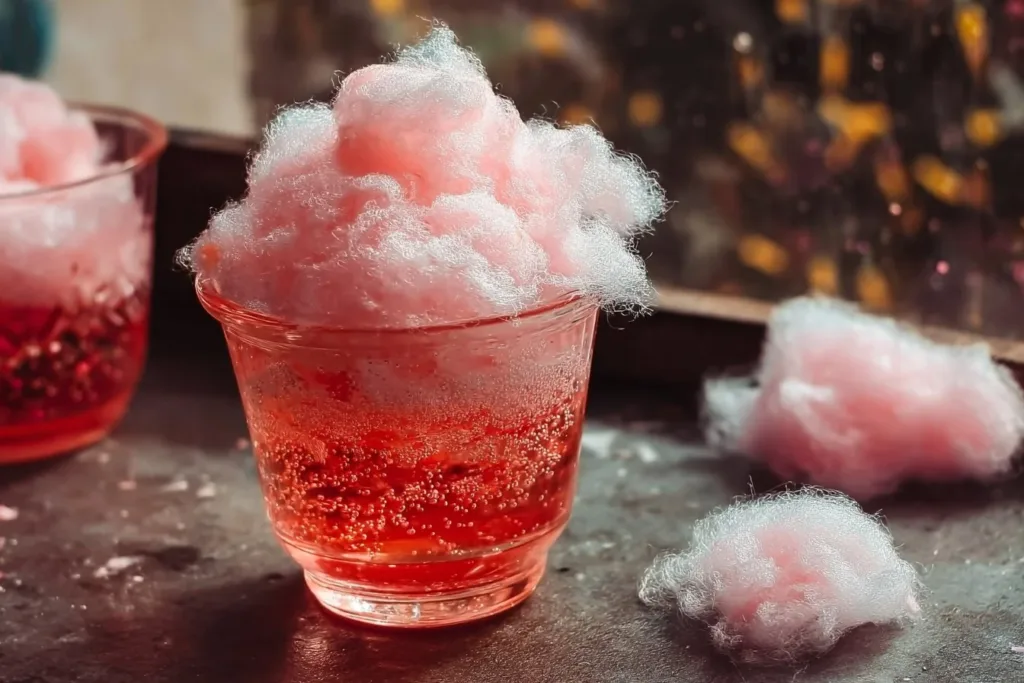 A colorful cotton candy drink garnished with whipped cream and sprinkles.