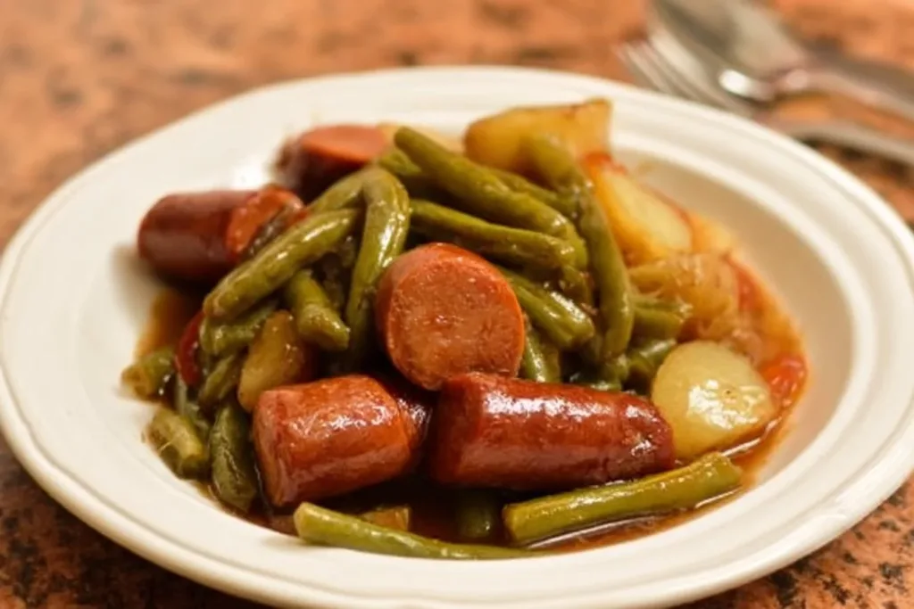 Crockpot Smokies with potatoes and green beans cooked in a slow cooker.