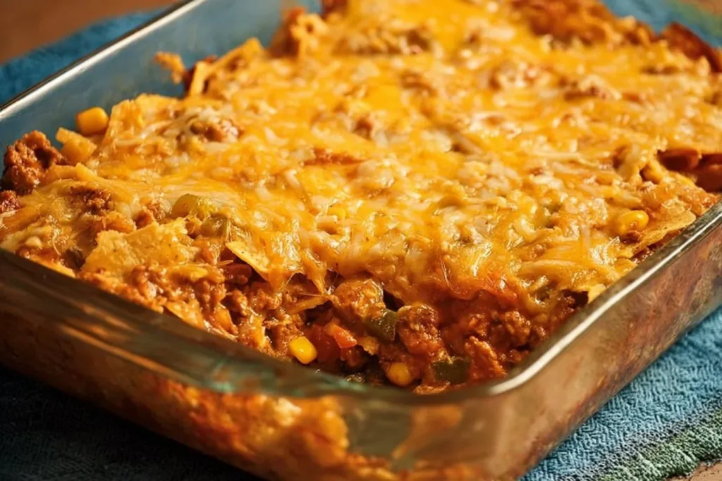 Delicious easy nacho casserole topped with cheese and jalapeños