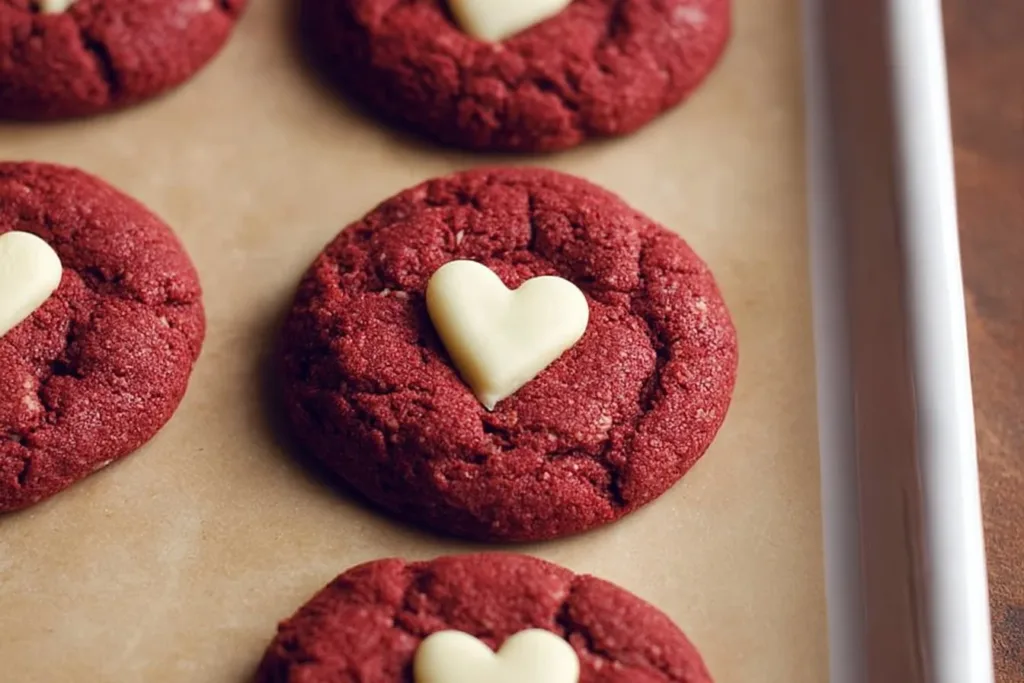 Red velvet cookies decorated with white chocolate hearts on a baking tray.
