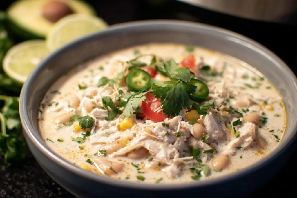 Bowl of slow cooker creamy white chicken chili topped with cilantro and sour cream.