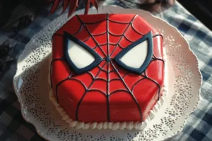 Homemade Spiderman Cake decorated with red and blue icing, perfect for children's parties.