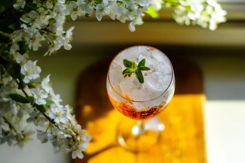 Spring Spritz cocktail served in a glass with fresh fruits and herbs
