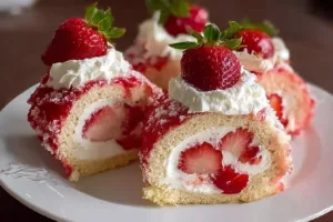 Deliciously crafted strawberry shortcake cheesecake rolls ready to serve