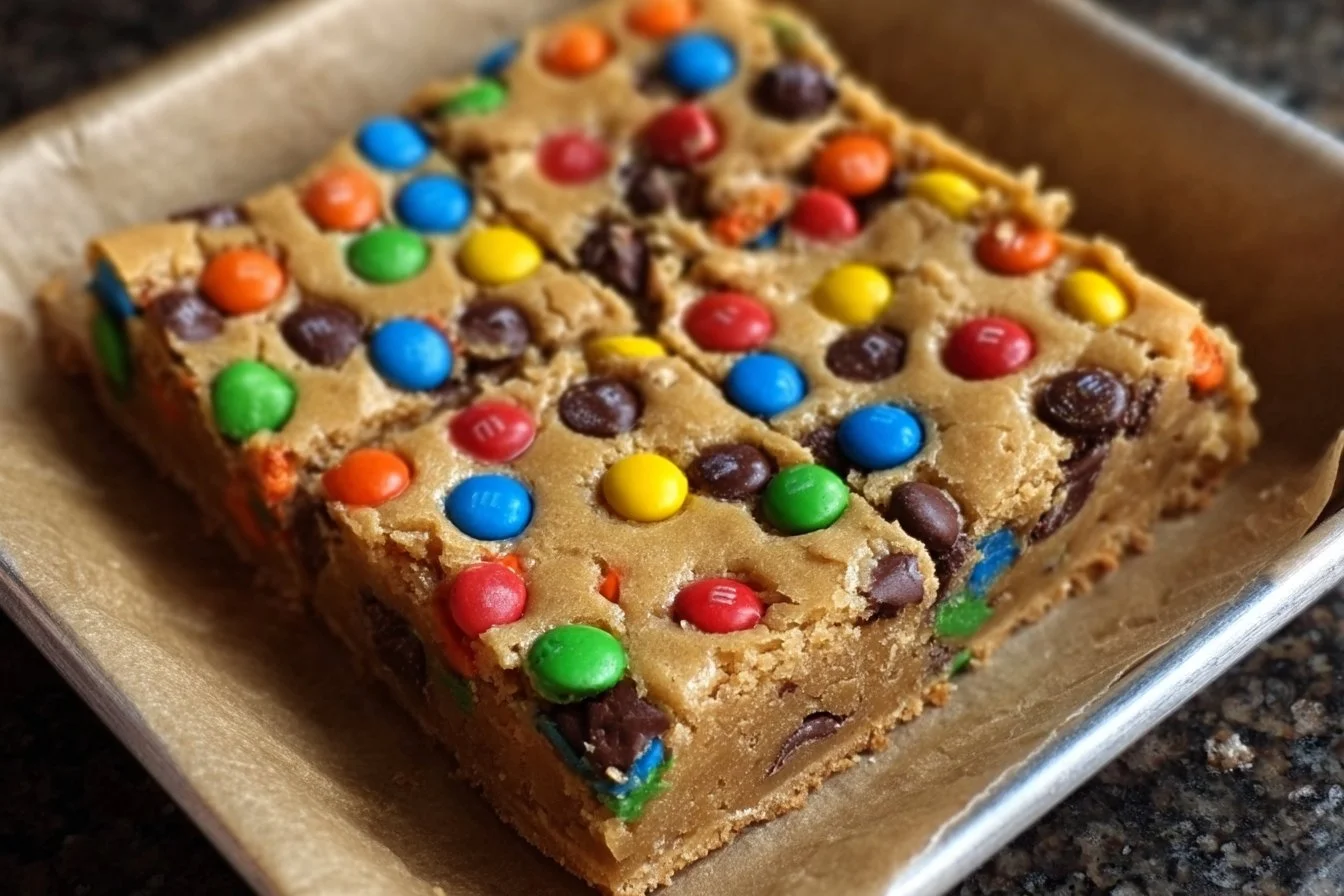 Thick and chewy peanut butter M&M bars ready to enjoy