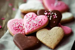 Assorted Valentine cookies in heart shapes, decorated for Valentine's Day