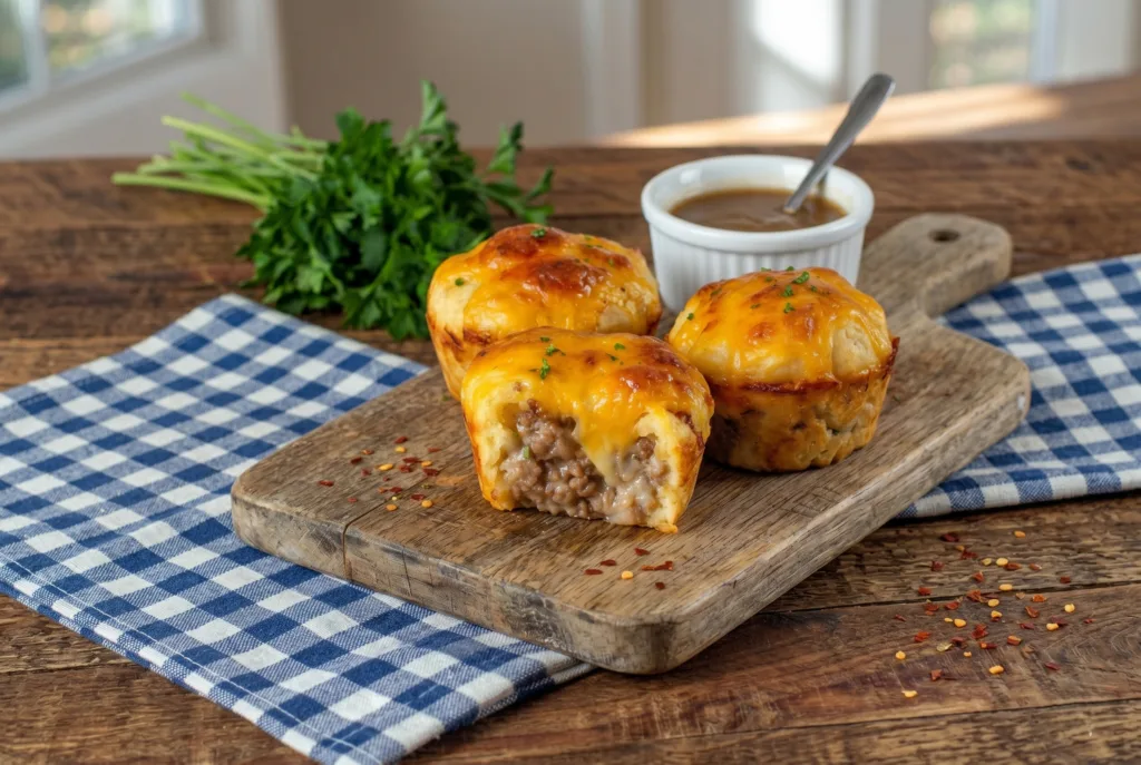 Sausage Pancake Bites 3 Sausage pancake bites served on a plate a