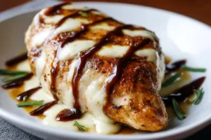 Balsamic baked chicken breast garnished with herbs and served on a plate