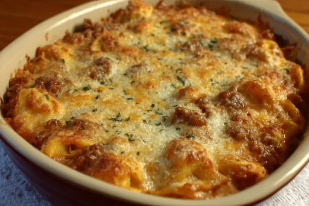 Cheesy baked tortellini casserole served in a dish