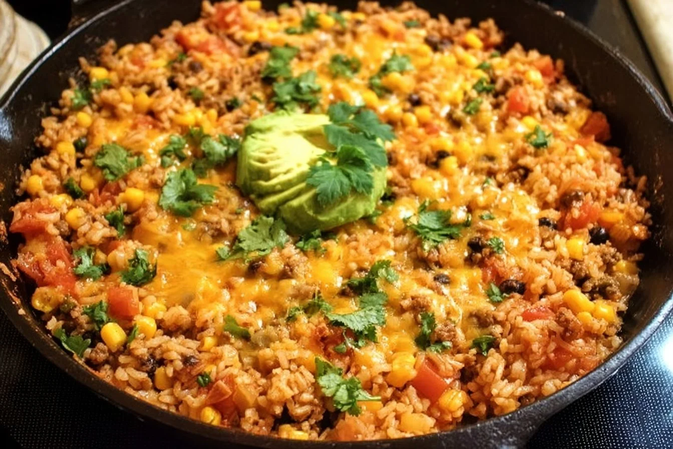 Cheesy Taco Rice Skillet with colorful veggies and melted cheese topping