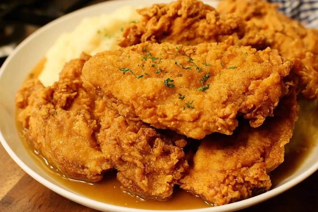 Delicious country fried chicken breast served hot and crispy