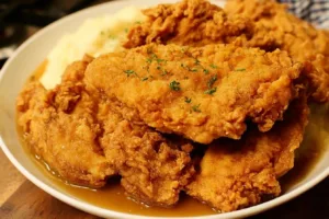 Delicious country fried chicken breast served hot and crispy