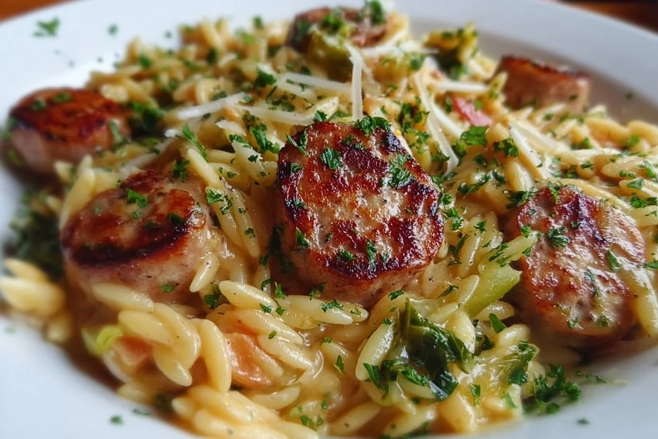 Creamy chicken sausage orzo dish with herbs and cream sauce