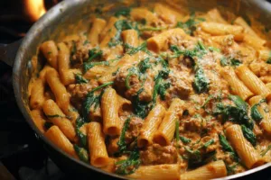 Creamy sausage rigatoni dish with spinach and savory ingredients