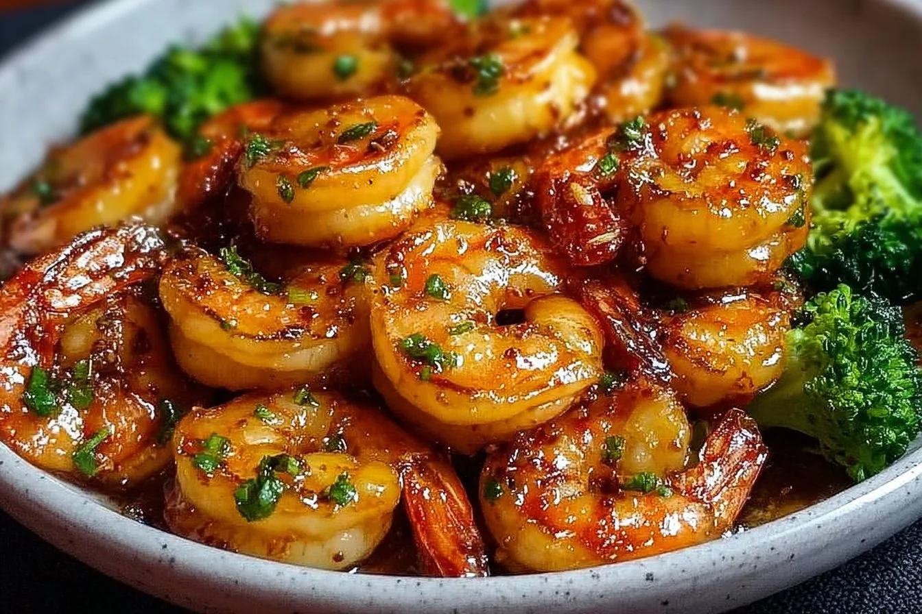 High-protein honey garlic shrimp served on a plate with garnishes.