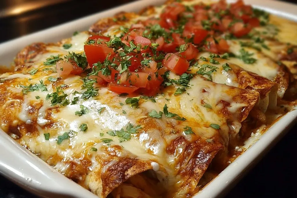 Delicious queso chicken enchiladas topped with creamy cheese sauce and garnished.