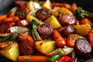 One-pan honey garlic kielbasa with vibrant veggies for a quick meal.