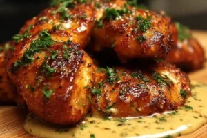 Crispy Pretzel Chicken breast served with dipping sauce and fresh herbs.