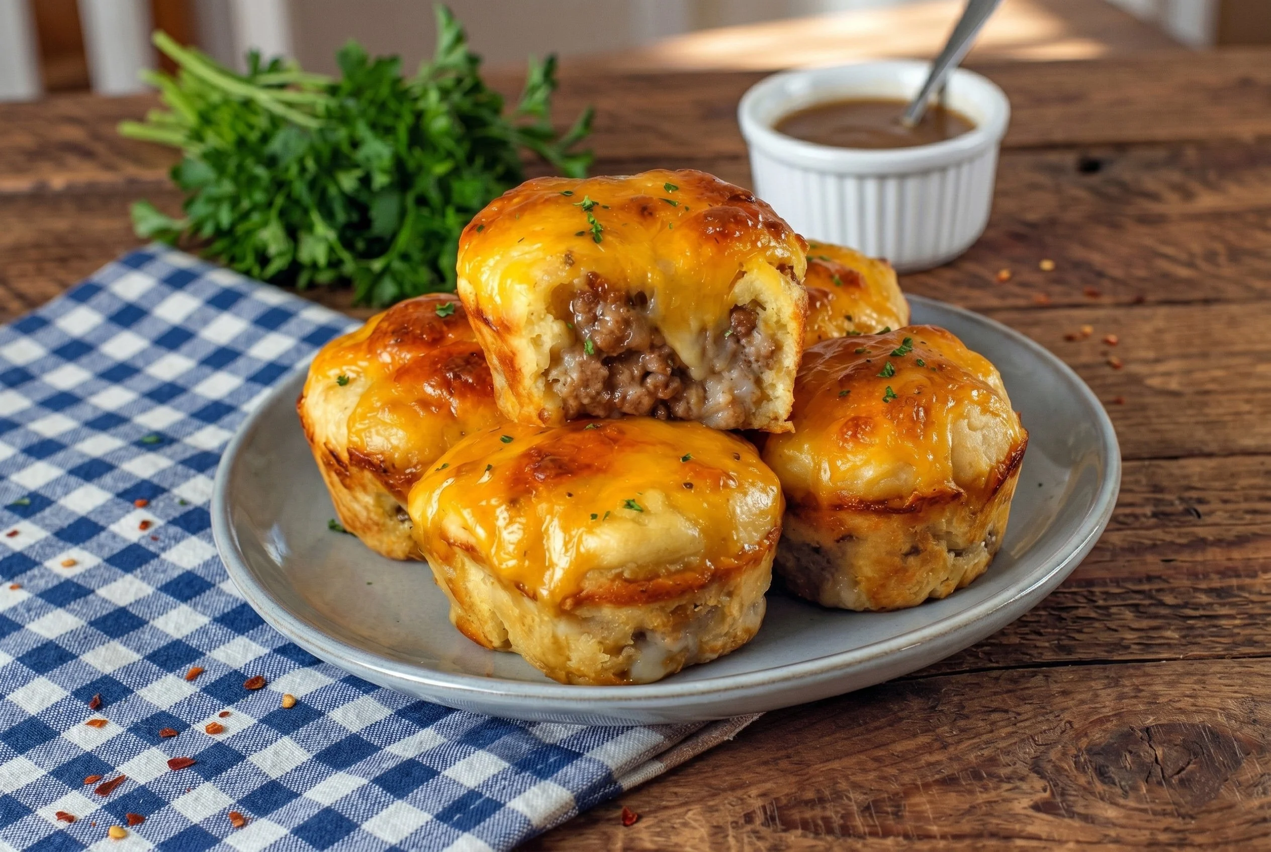 Sausage Pancake Bites 2 Sausage pancake bites served on a plate as a delicious snack.