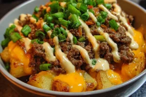 Savory smash burger bowl topped with fresh vegetables and sauces.