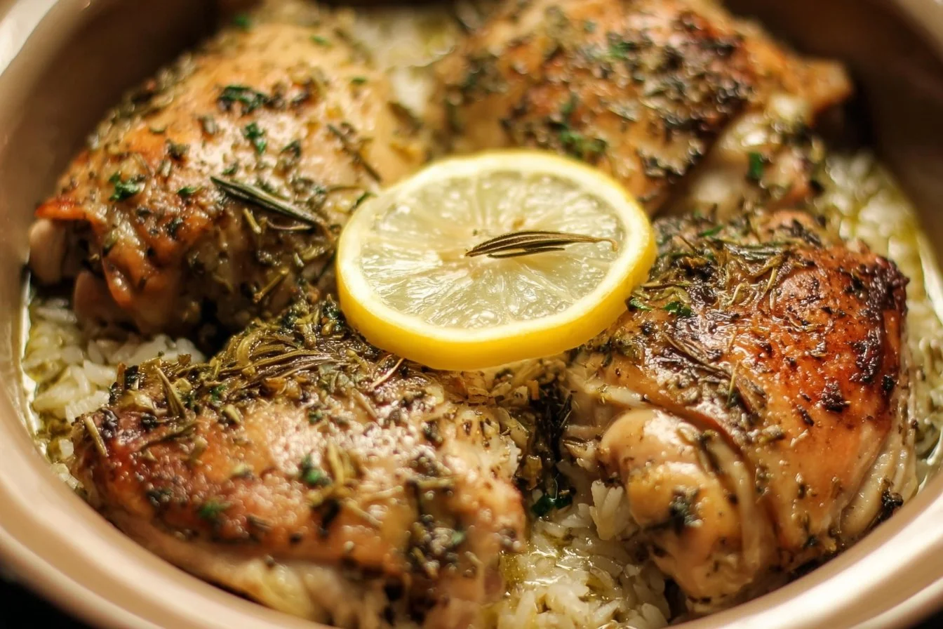 Slow Cooker Lemon Herb Chicken with fresh herbs and lemon slices