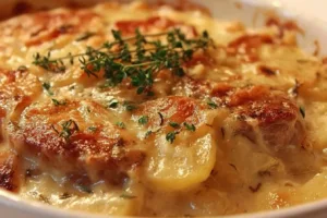 Smothered pork chop casserole with scalloped potatoes in a baking dish