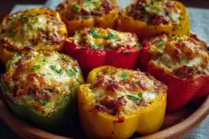 Colorful stuffed peppers filled with rice, vegetables, and spices