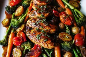 Sweet balsamic chicken with colorful vegetables on a plate