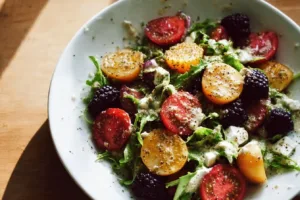 A colorful assortment of summer salads featuring fresh vegetables and fruits.