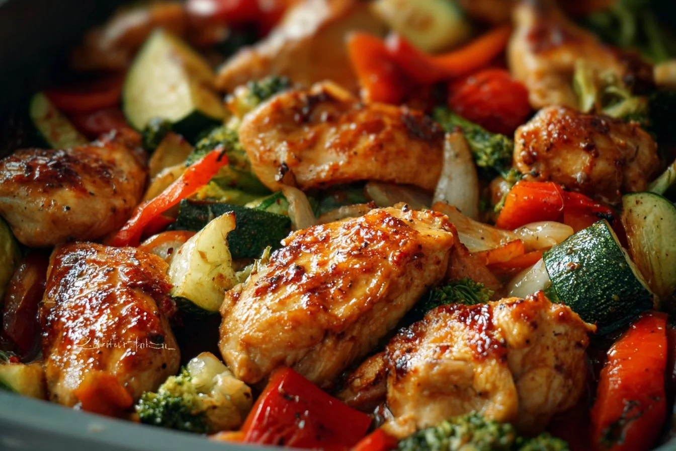 Air Fryer Chicken and Veggies 2 Crispy air fryer chicken served with colorful veggies on a plate.