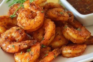 Crispy air fryer shrimp served with dipping sauce and garnished with herbs