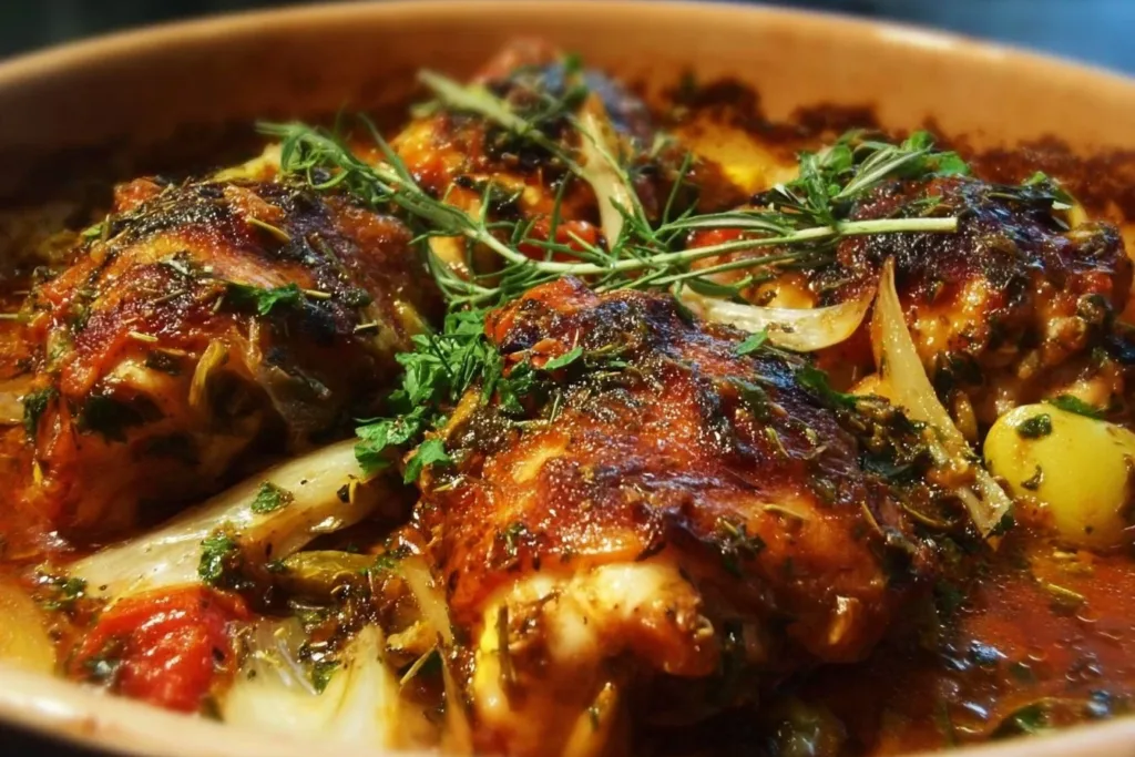 Baked Mediterranean chicken thighs served with colorful vegetables