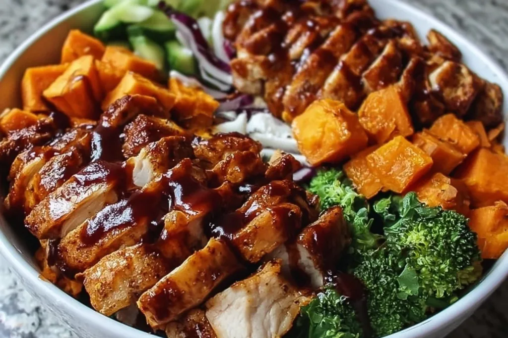 BBQ chicken sweet potato bowls topped with fresh ingredients and herbs