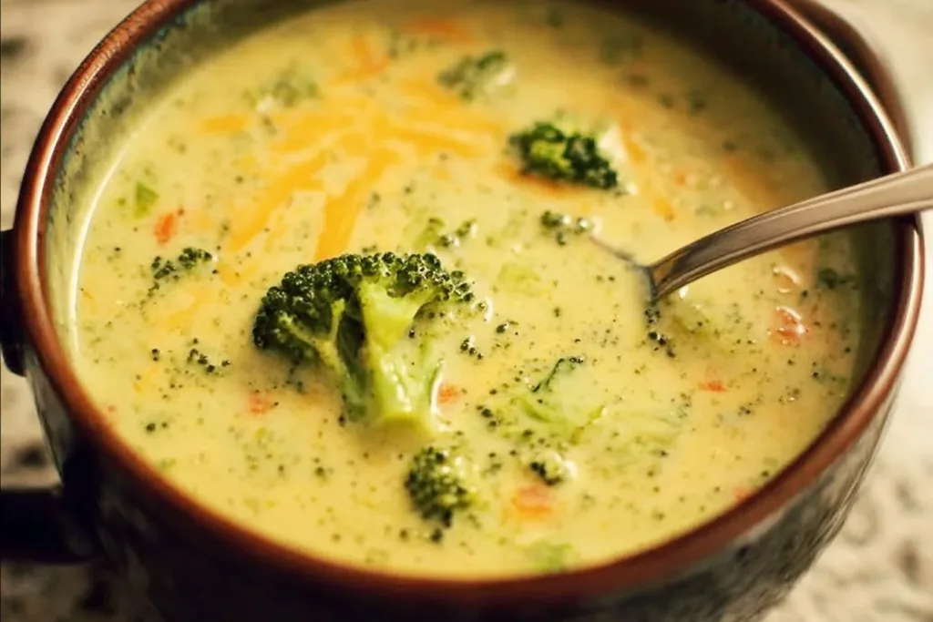 Bowl of creamy Broccoli Cheddar Soup garnished with fresh herbs.