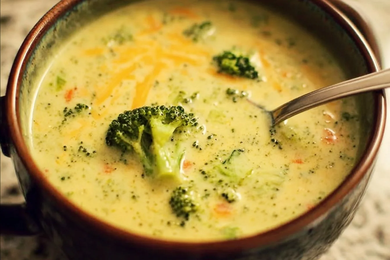 Bowl of creamy Broccoli Cheddar Soup garnished with fresh herbs.