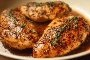 Brown sugar garlic chicken breasts glazed and ready to serve on a plate