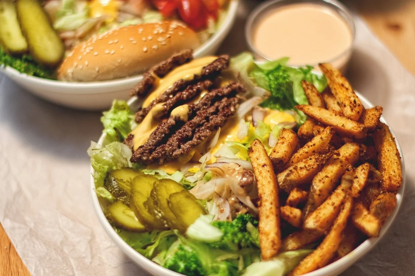 Delicious burger bowls with fresh toppings and ingredients.