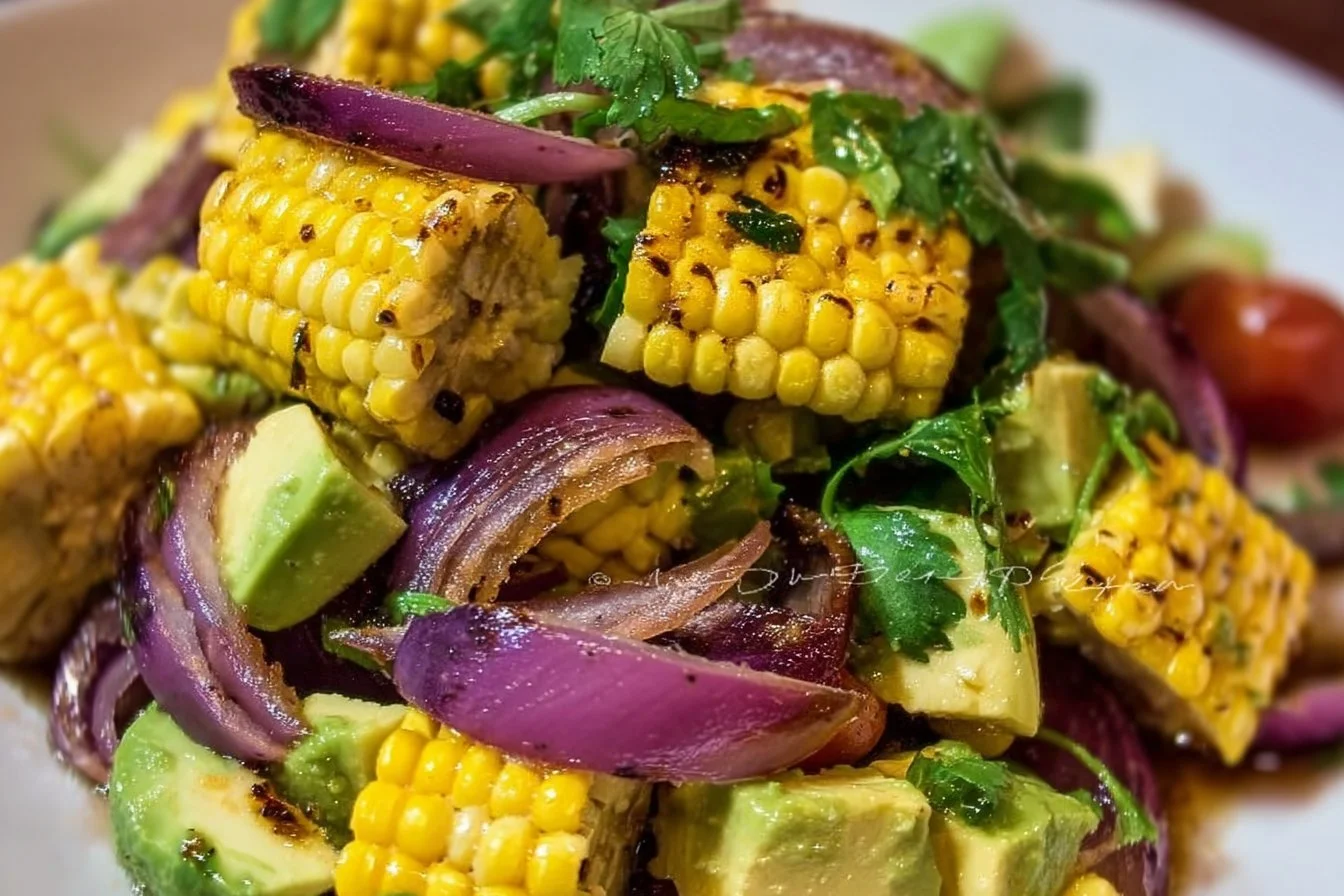 Charred corn avocado salad with roasted red onions in a bowl