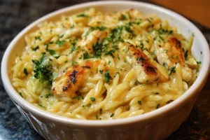 Delicious Cheesy Chicken Broccoli Orzo served in a bowl