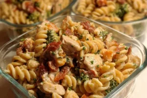 Delicious Chicken Bacon Ranch Pasta in meal prep containers ready for the week.