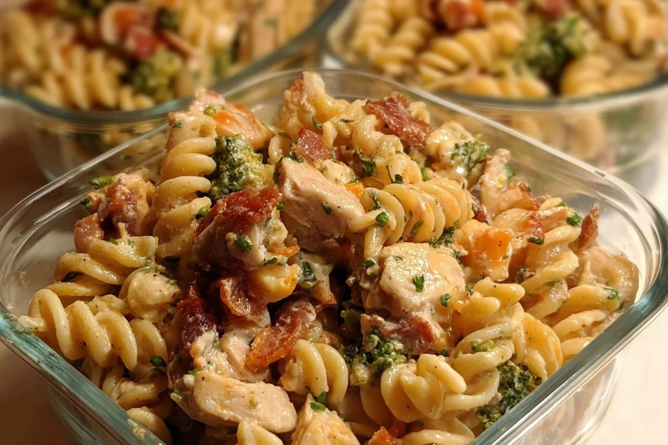 Delicious Chicken Bacon Ranch Pasta in meal prep containers ready for the week.