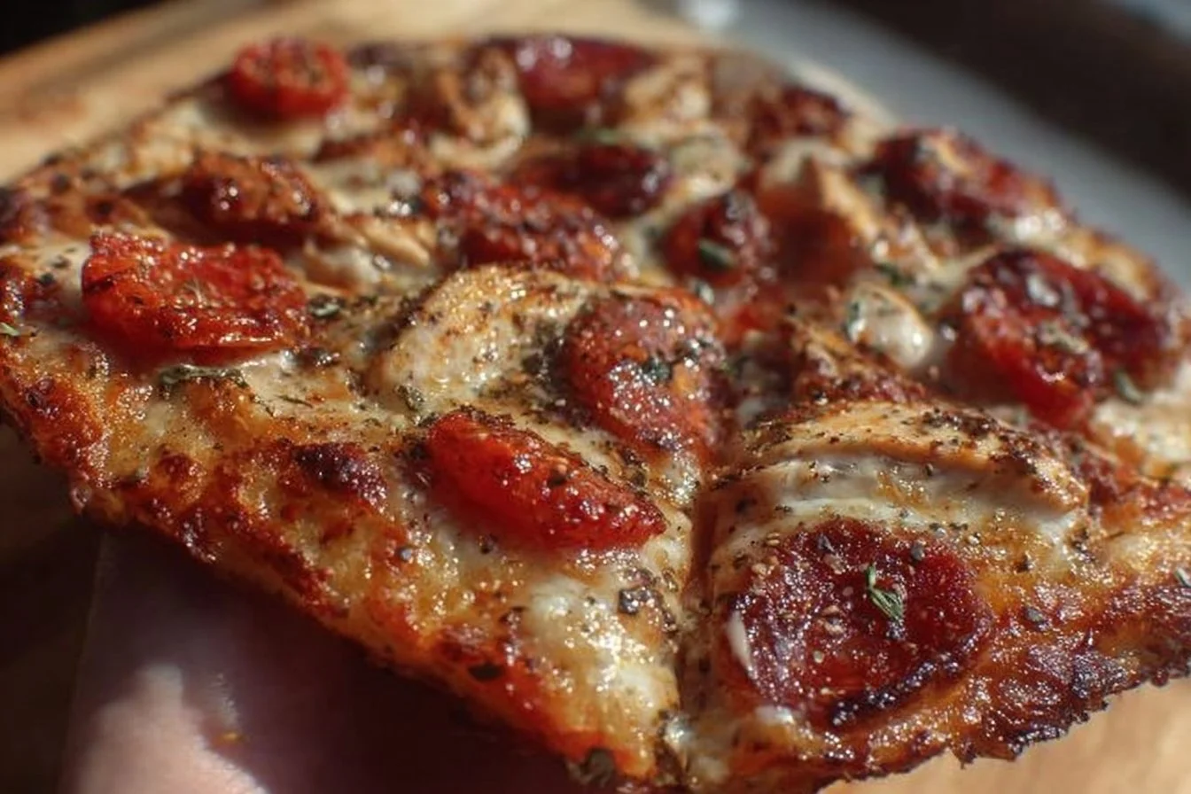 Delicious Chicken Crust Pizza topped with fresh ingredients and herbs.